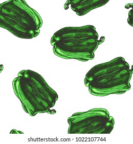 Vector seamless pattern with color peppers in engraving style. Hand drawn texture with fresh paprika isolated on white background. Sketch of vegetables