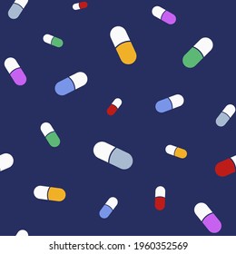 Vector seamless pattern with color pills, capsules, isolated on dark blue background. Medical preparations. Flat design. Color illustration.