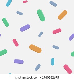 Vector seamless pattern with color pills, capsules, isolated on light background. Medical preparations. Flat design. Color illustration.