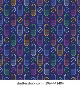 Vector seamless pattern with color pills, tablets, capsules, isolated on blue background. Medical preparations. Linear style design. Color illustration.