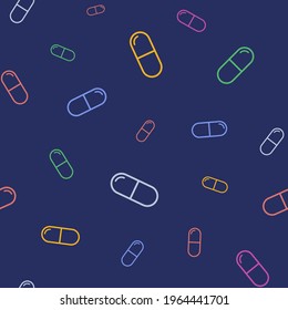 Vector seamless pattern with color pills, tablets, isolated on dark blue background. Medical preparations. Linear style. Outline icons. Color illustration.