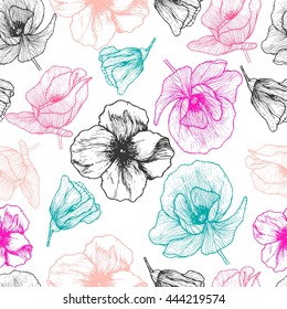 Vector seamless pattern of color poppy. Hand drawn vintage style bright summer floral pattern. Poppies  in repeating mode. 