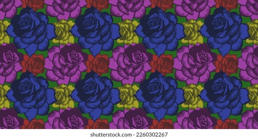 Vector seamless pattern. Color roses of different sizes. Ornamental plant, texture or background.