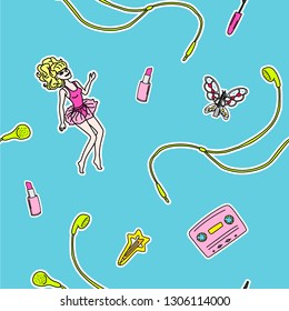 Vector seamless pattern a color set of things from the 90s.Vector pattern with 90's style vector isolated objects and graphic elements