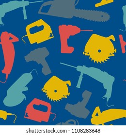 Vector seamless pattern with color silhouettes of power tools.