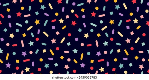 Vector Seamless Pattern with Color Sprinkles. Colorful Carnaval Confetti Texture. Cake, Ice Cream and Donut Topping Illustration. Funny Dark Background