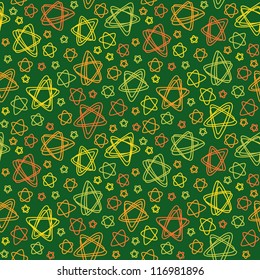 Vector seamless pattern with color stars of doodles. Abstract green christmas ornamental background for greeting, invitation. Stylized illustration in childish hand drawn style. Texture for print, web