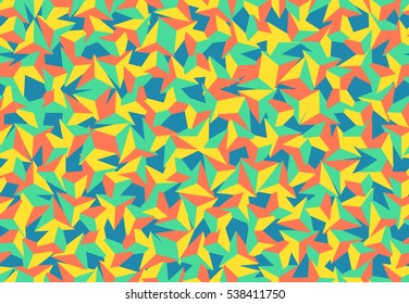 Vector seamless pattern. Color triangular pyramids randomly rotated. Yellow, red, green triangles. Blue background. Flat color. Backdrop, wallpaper design with overlapping abstract geometric shapes.
