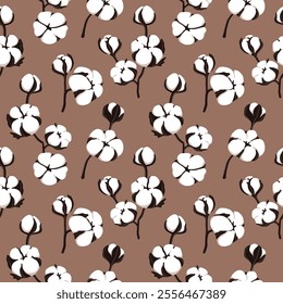 Vector seamless pattern of the color of the year 2025 mocha mousse with flowers and cotton branches