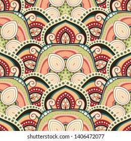 Vector Seamless Pattern In Color For Your Design. Printable Coloring Pages. Hand Drawn Decorative Scales