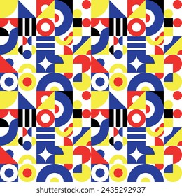 Vector seamless pattern of colored abstract geometric shapes and grid style bauhaus