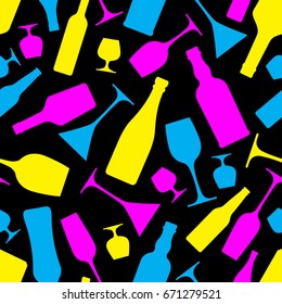 Vector seamless pattern with colored alcohol bottles and glasses.