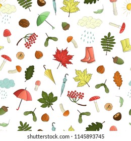 Vector seamless pattern of colored autumn elements. Repeat background with isolated leaves, umbrella, rain, mushroom, rubber boots, nut, acorn, cloud