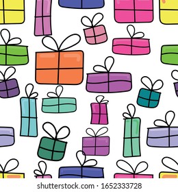 vector seamless pattern, colored boxes with gifts, birthday doodles