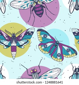 vector seamless pattern with colored butterflies and circles