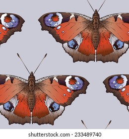 Vector seamless pattern with colored butterfly (European Peacock)
