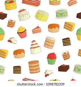 Vector seamless pattern of colored cakes. Colorful repeat texture of sweet bakery goods. Bright drawing of Birthday cakes.