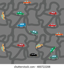 Vector seamless pattern of colored cars on a gray background.