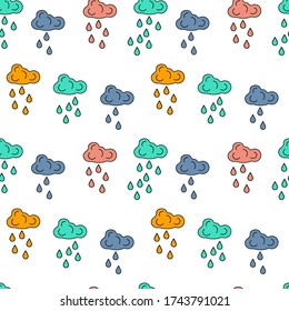 Vector seamless pattern. Colored clouds and raindrops. For fabric, paper, and other surfaces. Cartoon style