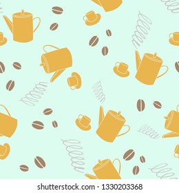 Vector seamless pattern with colored coffeepots, cups, coffee beans. Flat illustration. Elements for menu for restaurants and cafe, textile, wrapping