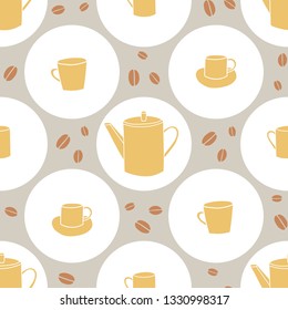 Vector seamless pattern with colored coffeepots, cups, coffee beans. Flat illustration. Elements for menu for restaurants and cafe, textile, wrapping