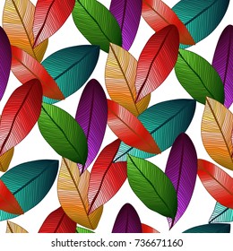 Vector seamless pattern with colored degrade leaves on white background. Foliage.
