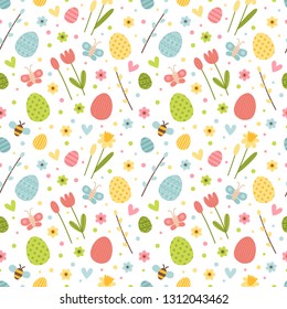 Vector seamless pattern with colored easter eggs and flowers. Easter cute background.