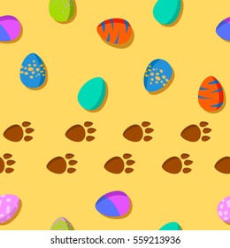 vector seamless pattern with colored eggs and dinosaur footprint in the sand. Funny background for printing on the packaging paper, books, textile and children's stuff