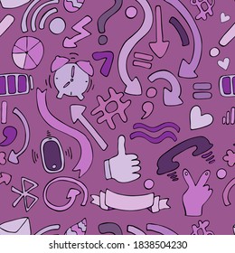 vector seamless pattern of colored elements in Doodle style, violet icons and symbols