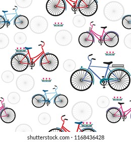 Vector seamless pattern with colored family bicycles and wheels.