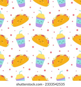 vector seamless pattern of colored fast food isolated on white background, cartoon print with taco and drink characters, wallpaper of street food