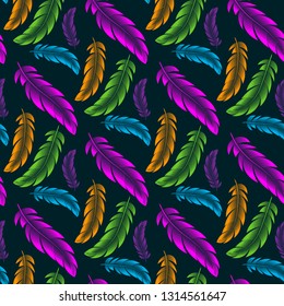 Vector seamless pattern with colored feathers of birds.