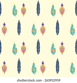 Vector seamless pattern with colored feathers.