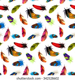 Vector seamless pattern with colored feathers on a white background.