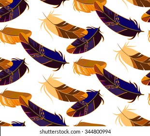 Vector seamless pattern with colored feathers on a white background. The feathers falling down from top to bottom. It can be used for fabric.