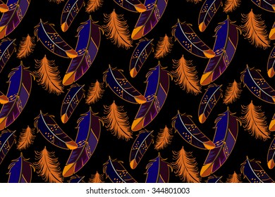 Vector seamless pattern with colored feathers on a dark background. The feathers falling down from top to bottom.