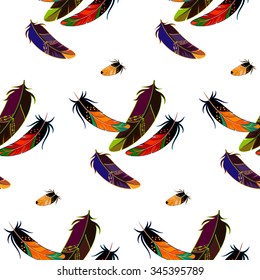 Vector seamless pattern with colored feathers on a white background. It can be used for fabric or wallpaper.