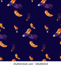Vector seamless pattern with colored feathers on a navy background. It can be used for fabric or wallpaper.