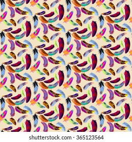 Vector seamless pattern with colored feathers on a ivory background. It can be used for fabric or wrapping paper.