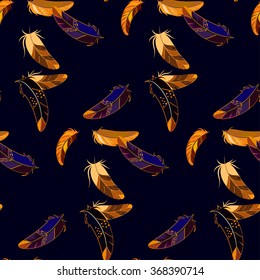 Vector seamless pattern with colored feathers on a black background. It can be used for fabric or wrapping paper.