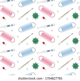 Vector seamless pattern of colored flat cartoon Coronavirus covid-19 and medical stuff isolated on white background
