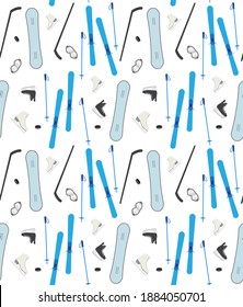 Vector seamless pattern of colored flat winter sport equipment isolated on white background