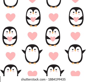 Vector seamless pattern of colored flat cartoon hand drawn doodle penguin with heart isolated on white background