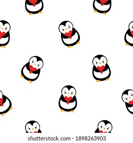 Vector seamless pattern of colored flat cartoon cute penguin with heart isolated on white background