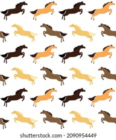 Vector seamless pattern of colored flat jumping horse isolated on white background