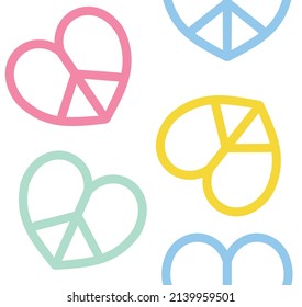 Vector seamless pattern of colored flat heart peace sign isolated on white background