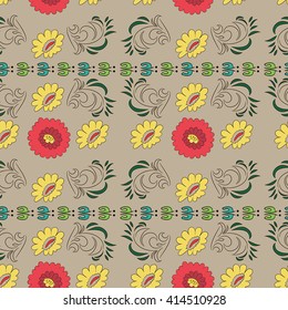 Vector seamless pattern with colored flowers and leaves