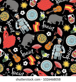Vector seamless pattern with colored hand drawn national symbols of Spain on black color. Background for use in design
