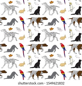 Vector seamless pattern of colored hand drawn doodle sketch different pets isolated on white background