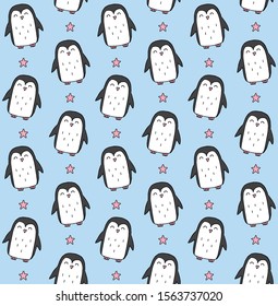 Vector seamless pattern of colored hand drawn doodle penguin isolated on blue background